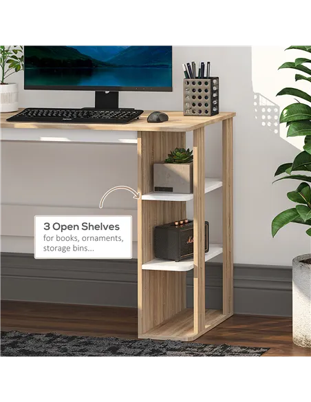HOMCOM Computer Desk, Writing Desk with 3-Tier Storage Shelf, Work Table for Home Office, Study, Living Room, Oak and White