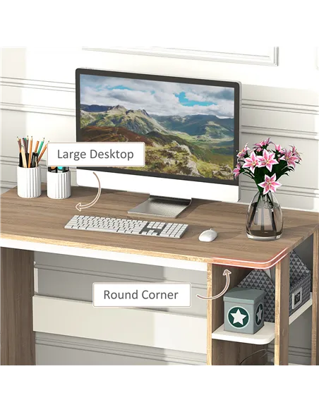 HOMCOM Computer Desk, Writing Desk with 3-Tier Storage Shelf, Work Table for Home Office, Study, Living Room, Oak and White