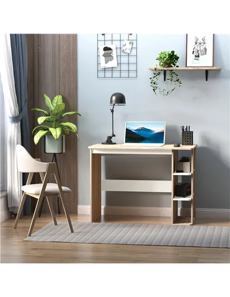 HOMCOM Computer Desk, Writing Desk with 3-Tier Storage Shelf, Work Table for Home Office, Study, Living Room, Oak and White