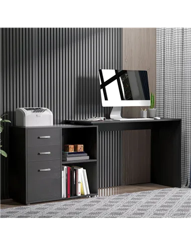 HOMCOM L Shaped Computer Desk, Reversible Home Office Desk with Drawers, File Cabinet and Storage Shelves, Study Table, 117 x 83