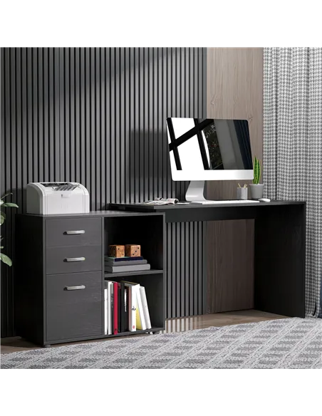 HOMCOM L Shaped Computer Desk, Reversible Home Office Desk with Drawers, File Cabinet and Storage Shelves, Study Table, 117 x 83