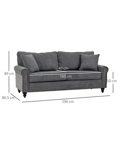HOMCOM 3 Seater Sofa, Fabric Couch with Rubber Wood Legs, 3 Seater Settee with Extra Padded Cushions and Pillows for Living Room