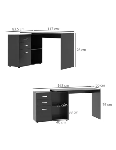 HOMCOM L Shaped Computer Desk, Reversible Home Office Desk with Drawers, File Cabinet and Storage Shelves, Study Table, 117 x 83