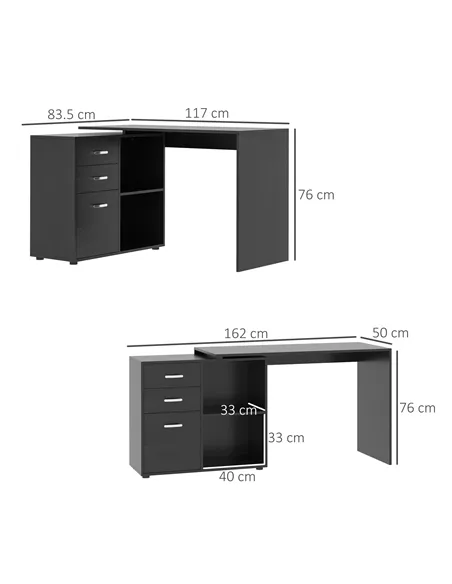 HOMCOM L Shaped Computer Desk, Reversible Home Office Desk with Drawers, File Cabinet and Storage Shelves, Study Table, 117 x 83