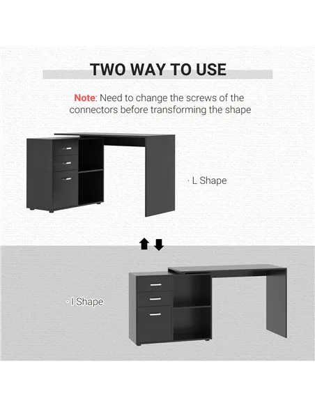 HOMCOM L Shaped Computer Desk, Reversible Home Office Desk with Drawers, File Cabinet and Storage Shelves, Study Table, 117 x 83