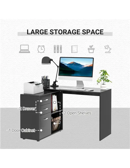 HOMCOM L Shaped Computer Desk, Reversible Home Office Desk with Drawers, File Cabinet and Storage Shelves, Study Table, 117 x 83
