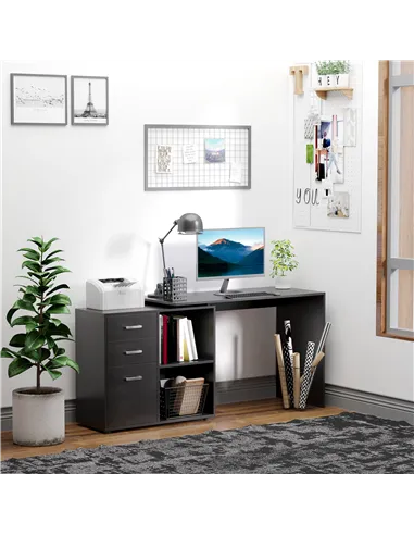 HOMCOM L Shaped Computer Desk, Reversible Home Office Desk with Drawers, File Cabinet and Storage Shelves, Study Table, 117 x 83