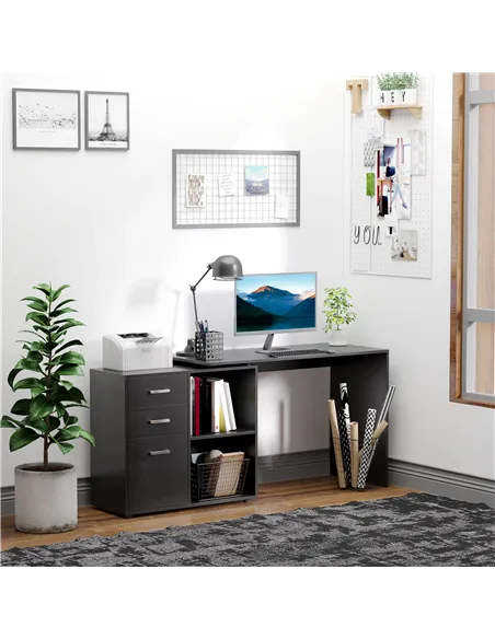 HOMCOM L Shaped Computer Desk, Reversible Home Office Desk with Drawers, File Cabinet and Storage Shelves, Study Table, 117 x 83