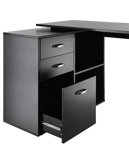 HOMCOM L Shaped Computer Desk, Reversible Home Office Desk with Drawers, File Cabinet and Storage Shelves, Study Table, 117 x 83