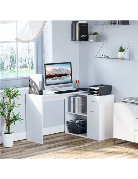 HOMCOM L-Shaped Desk, Corner Computer Desk, Adjustable Study Table with Storage Shelf, Drawer and Cabinet, Workstation for Home 