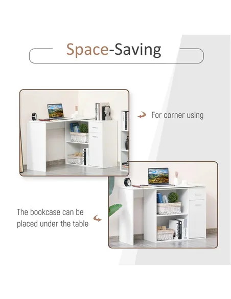 HOMCOM L-Shaped Desk, Corner Computer Desk, Adjustable Study Table with Storage Shelf, Drawer and Cabinet, Workstation for Home 