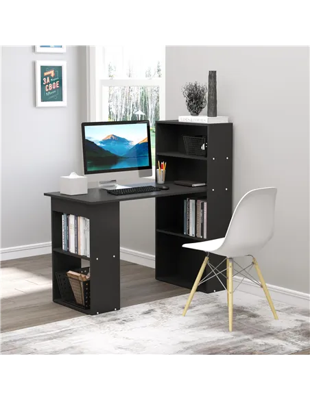 HOMCOM 120cm Computer Desk, Wooden PC Laptop Table with 6-Tier Storage Bookshelves, Home Office Working Study Desk, Writing Work