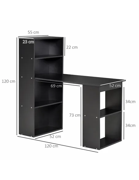 HOMCOM 120cm Computer Desk, Wooden PC Laptop Table with 6-Tier Storage Bookshelves, Home Office Working Study Desk, Writing Work