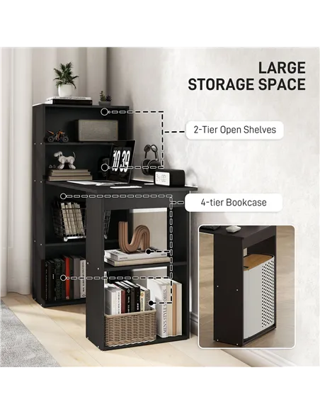 HOMCOM 120cm Computer Desk, Wooden PC Laptop Table with 6-Tier Storage Bookshelves, Home Office Working Study Desk, Writing Work