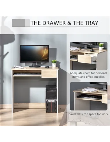 HOMCOM 80cm Compact Computer Desk with Keyboard Tray, Home Office Desk with Drawer for Bedroom Study, Oak