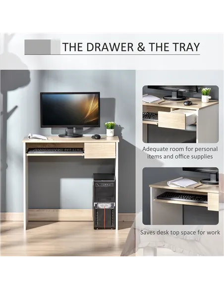 HOMCOM 80cm Compact Computer Desk with Keyboard Tray, Home Office Desk with Drawer for Bedroom Study, Oak