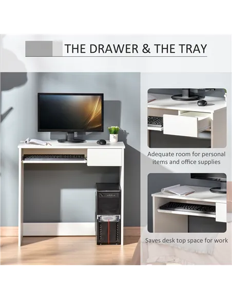 HOMCOM 80cm Compact Computer Desk with Keyboard Tray, Home Office Desk with Drawer for Bedroom Study, White