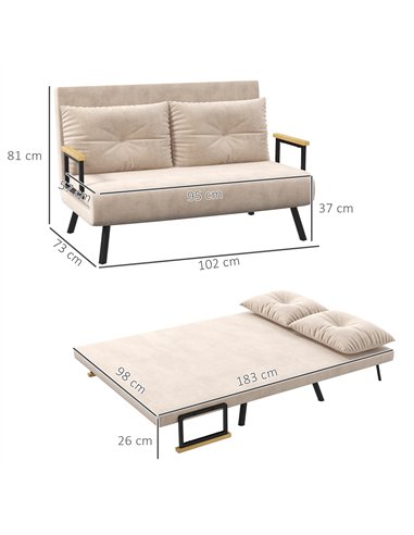 HOMCOM 4-in-1 Velvet-Feel Double Sofa Bed, with Pillows - Beige