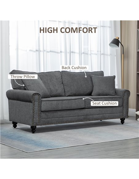 HOMCOM 3 Seater Sofa, Fabric Couch with Rubber Wood Legs, 3 Seater Settee with Extra Padded Cushions and Pillows for Living Room