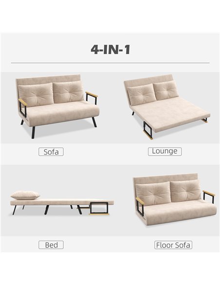 HOMCOM 4-in-1 Velvet-Feel Double Sofa Bed, with Pillows - Beige