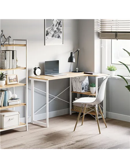 HOMCOM Folding Desk, L Shaped Desk, Corner Computer Desk with 2-Tier Storage Shelf for Home Office, Study Room, Workstation, Eas