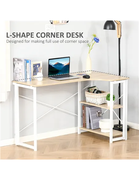 HOMCOM Folding Desk, L Shaped Desk, Corner Computer Desk with 2-Tier Storage Shelf for Home Office, Study Room, Workstation, Eas