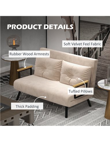 HOMCOM 4-in-1 Velvet-Feel Double Sofa Bed, with Pillows - Beige