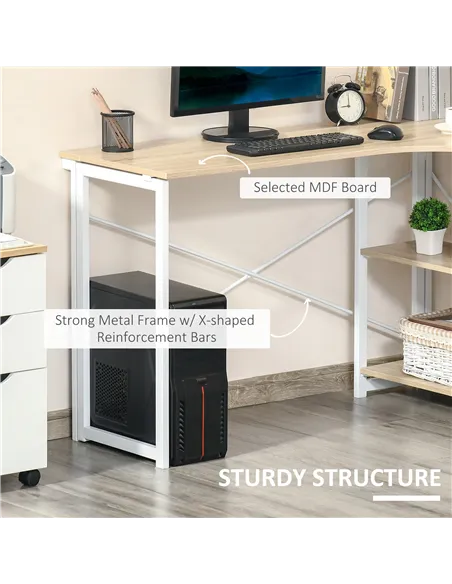 HOMCOM Folding Desk, L Shaped Desk, Corner Computer Desk with 2-Tier Storage Shelf for Home Office, Study Room, Workstation, Eas