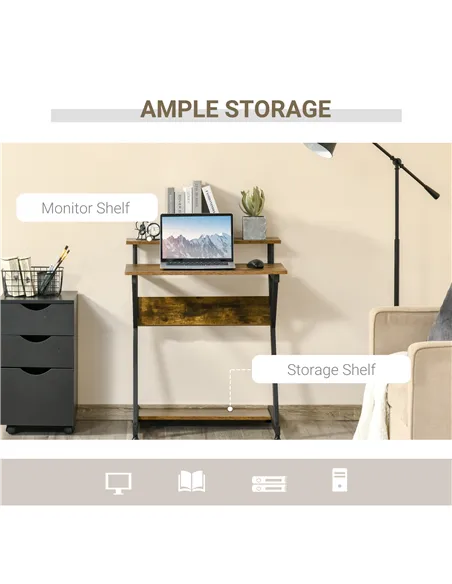 HOMCOM Industrial Computer Desk with Monitor Stand, 70 x 60cm Compact Desk for Small Spaces, Home Office Desk, Rustic Brown