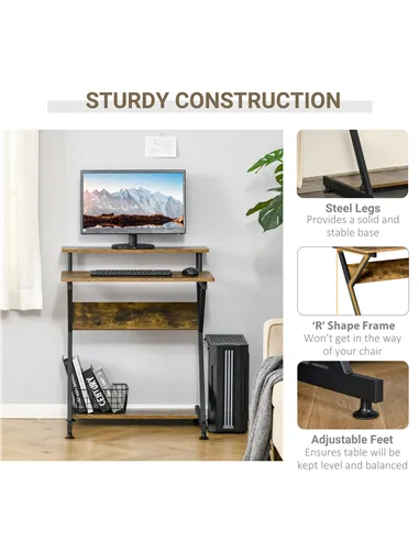 HOMCOM Industrial Computer Desk with Monitor Stand, 70 x 60cm Compact Desk for Small Spaces, Home Office Desk, Rustic Brown