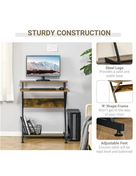 HOMCOM Industrial Computer Desk with Monitor Stand, 70 x 60cm Compact Desk for Small Spaces, Home Office Desk, Rustic Brown