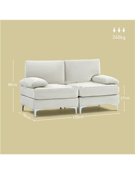 HOMCOM 2 Seater Sofa, Modern Fabric Loveseat with Spring Cushion and Metal Legs, Small Couch for Living Room, Bedroom, Home Offi