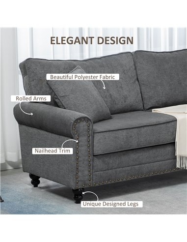 HOMCOM 3 Seater Sofa, Fabric Couch with Rubber Wood Legs, 3 Seater Settee with Extra Padded Cushions and Pillows for Living Room