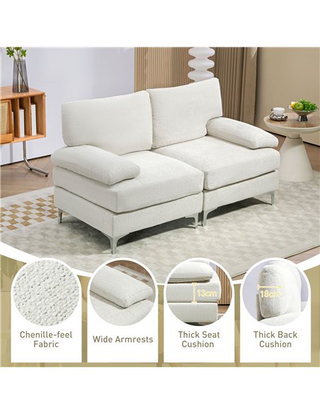 HOMCOM 2 Seater Sofa, Modern Fabric Loveseat with Spring Cushion and Metal Legs, Small Couch for Living Room, Bedroom, Home Offi