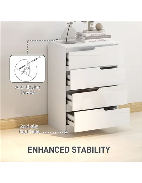 HOMCOM Chest of Four High Gloss Front Drawers - White