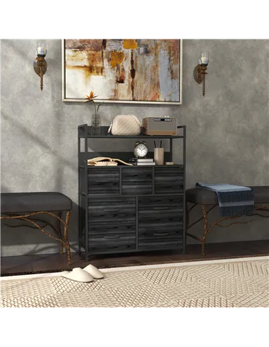 HOMCOM Rustic Chest of Seven Fabric Drawers - Black