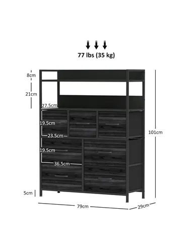 HOMCOM Rustic Chest of Seven Fabric Drawers - Black