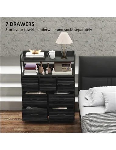 HOMCOM Rustic Chest of Seven Fabric Drawers - Black