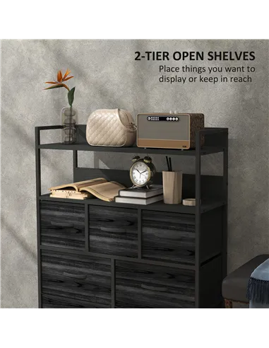 HOMCOM Rustic Chest of Seven Fabric Drawers - Black