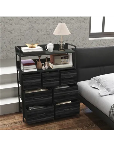 HOMCOM Rustic Chest of Seven Fabric Drawers - Black