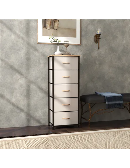 HOMCOM Fabric Chest of Drawers, Industrial Bedroom Dresser with 5 Fabric Drawers, Steel Frame and Wooden Top for Nursery, Living