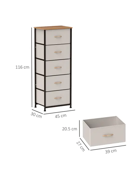 HOMCOM Fabric Chest of Drawers, Industrial Bedroom Dresser with 5 Fabric Drawers, Steel Frame and Wooden Top for Nursery, Living