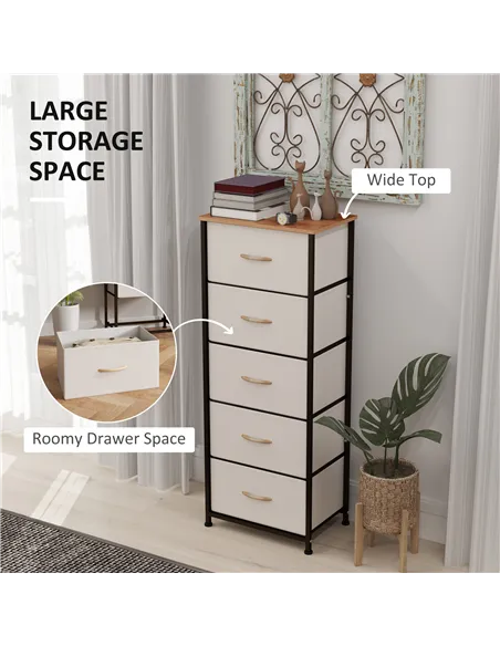 HOMCOM Fabric Chest of Drawers, Industrial Bedroom Dresser with 5 Fabric Drawers, Steel Frame and Wooden Top for Nursery, Living
