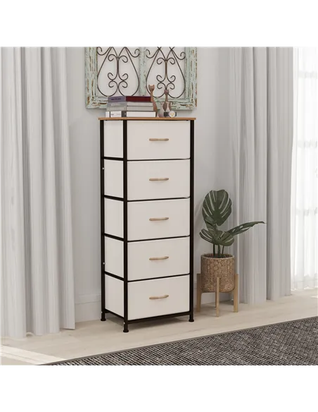 HOMCOM Fabric Chest of Drawers, Industrial Bedroom Dresser with 5 Fabric Drawers, Steel Frame and Wooden Top for Nursery, Living
