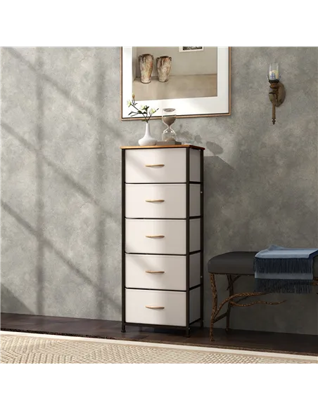 HOMCOM Fabric Chest of Drawers, Industrial Bedroom Dresser with 5 Fabric Drawers, Steel Frame and Wooden Top for Nursery, Living
