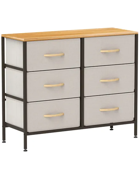 HOMCOM Fabric Chest of Drawers, Industrial Bedroom Dresser with 6 Fabric Drawers, Steel Frame and Wooden Top for Nursery, Living