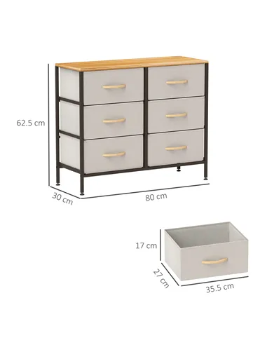 HOMCOM Fabric Chest of Drawers, Industrial Bedroom Dresser with 6 Fabric Drawers, Steel Frame and Wooden Top for Nursery, Living