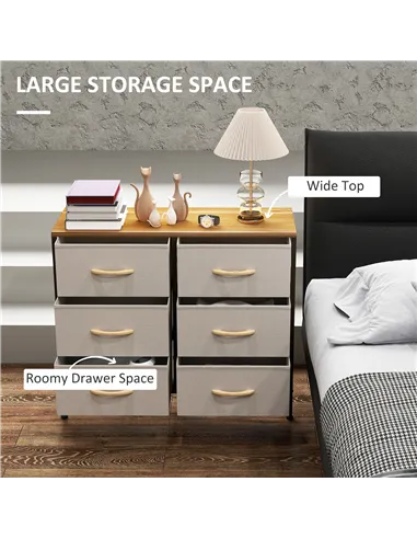 HOMCOM Fabric Chest of Drawers, Industrial Bedroom Dresser with 6 Fabric Drawers, Steel Frame and Wooden Top for Nursery, Living