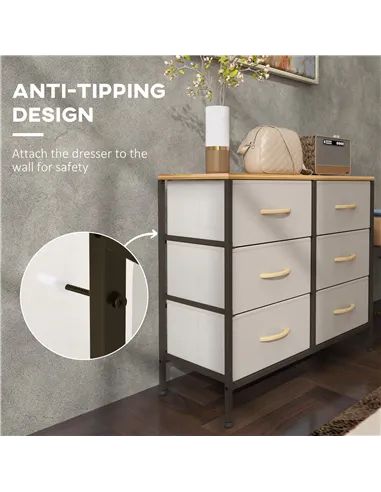 HOMCOM Fabric Chest of Drawers, Industrial Bedroom Dresser with 6 Fabric Drawers, Steel Frame and Wooden Top for Nursery, Living