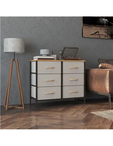 HOMCOM Fabric Chest of Drawers, Industrial Bedroom Dresser with 6 Fabric Drawers, Steel Frame and Wooden Top for Nursery, Living